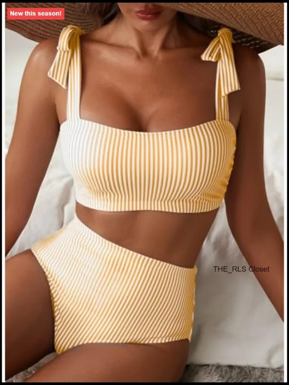 Women's Tie Shoulder Bikini Set High Waisted Striped Swimsuits 2 Piece